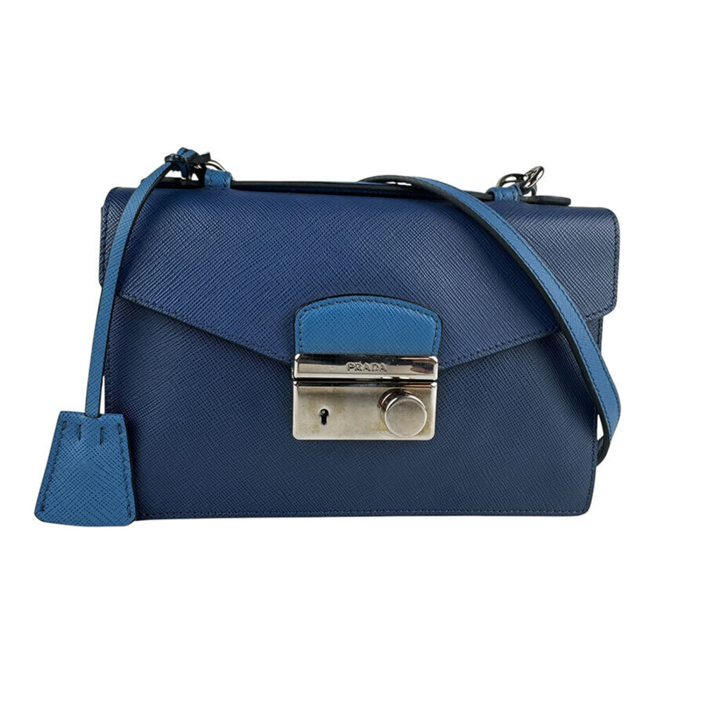 Prada Sound Bag Leather Saffiano Navy Blue Convertible View 2